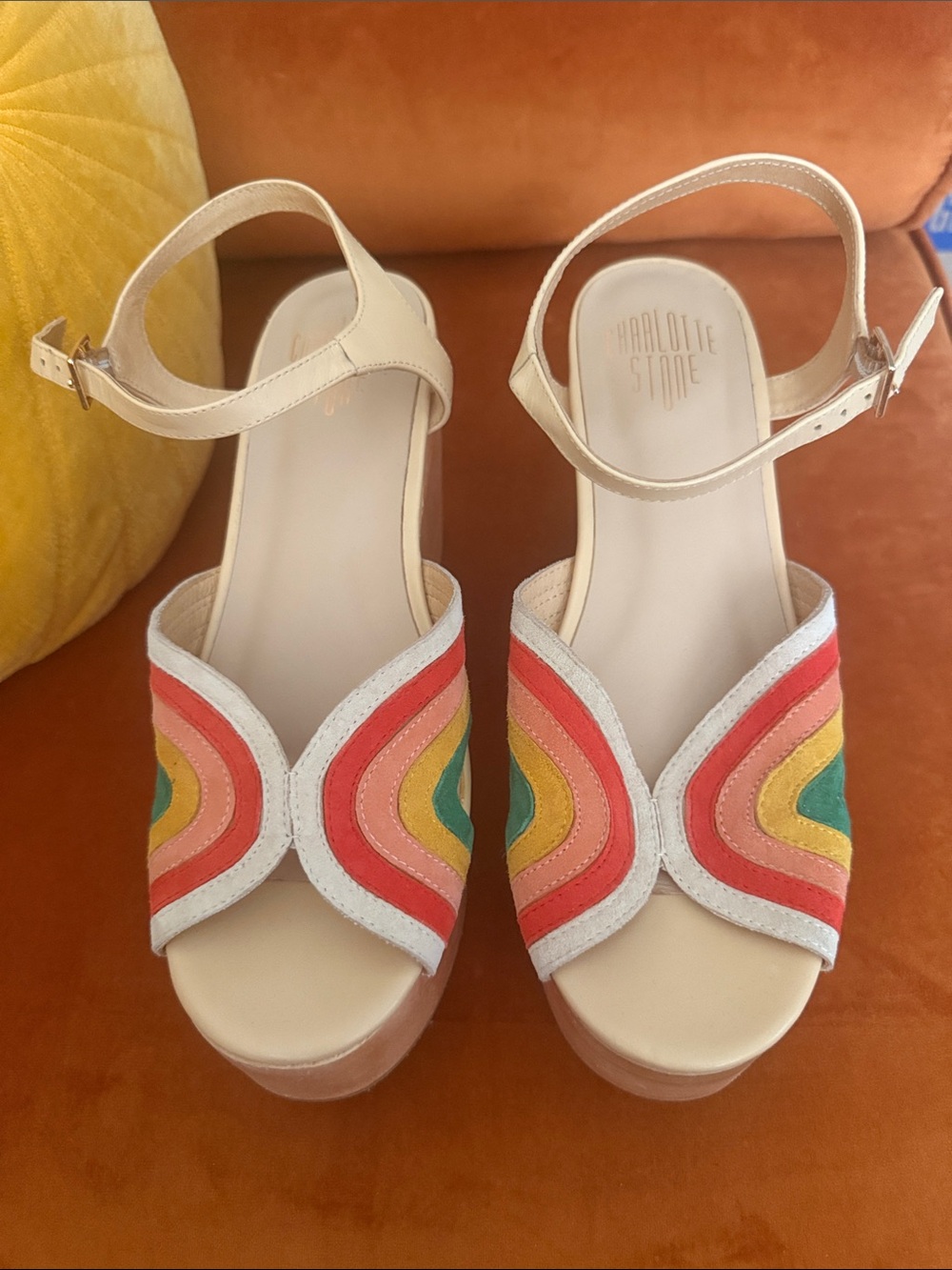 Charlotte Stone Women’s Cream Platform Sandals with Rainbow Accent size 9 - Picture 2 of 8